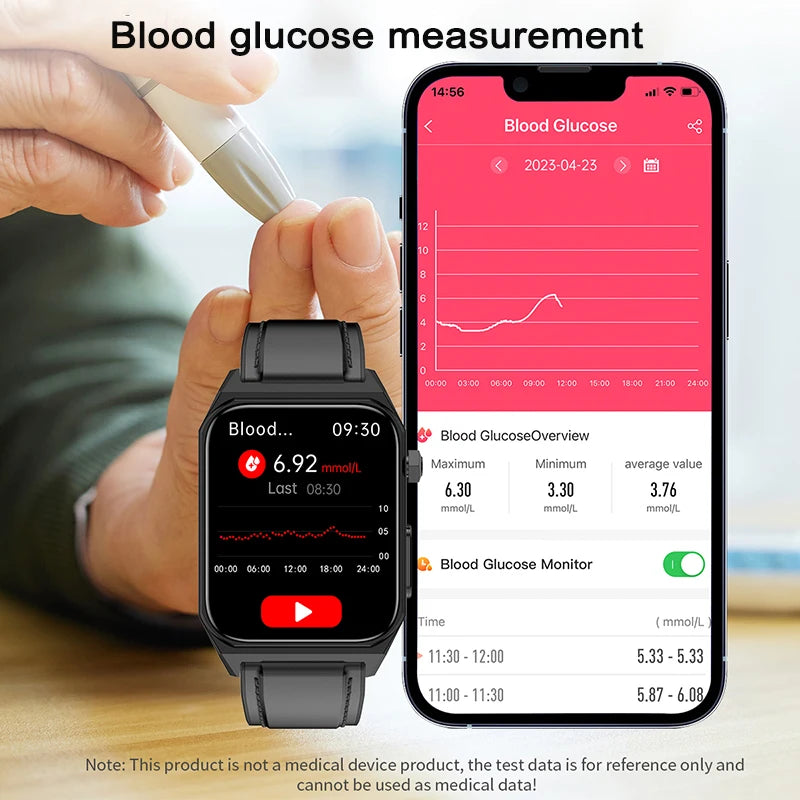 Relógio Digital  ECG + PPG, freqüência cardíaca, monitor de correia, sangue, glicose, pressão, oxigênio, temperatura corporal Smartwatch, 1,9"