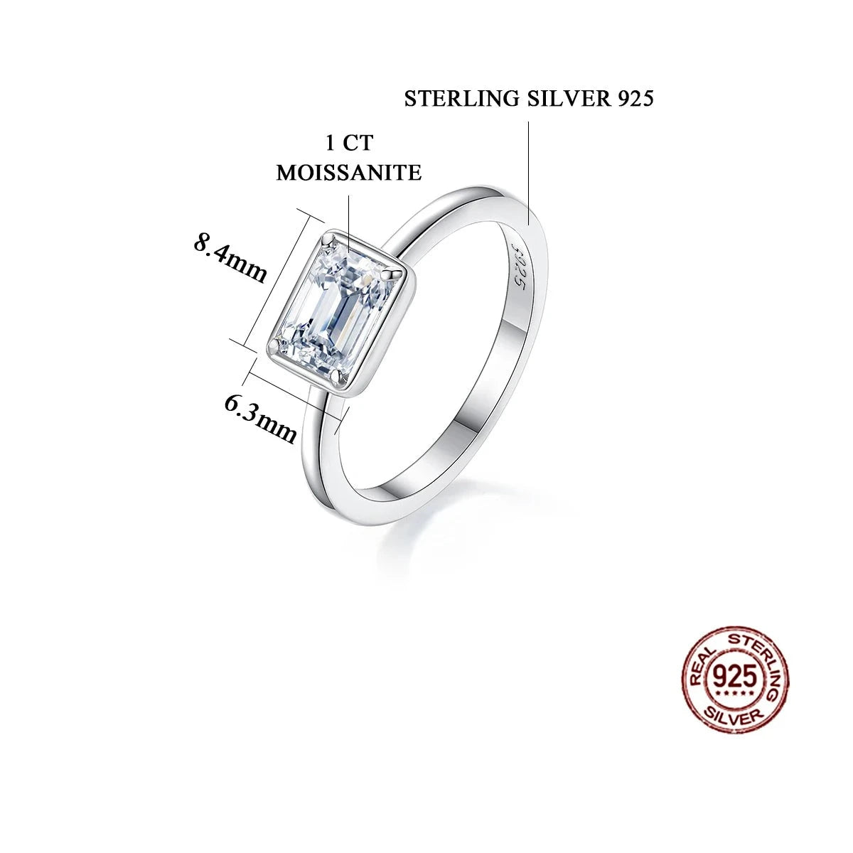 Anel Moissanite Corte Clássico Prata Esterlina 925